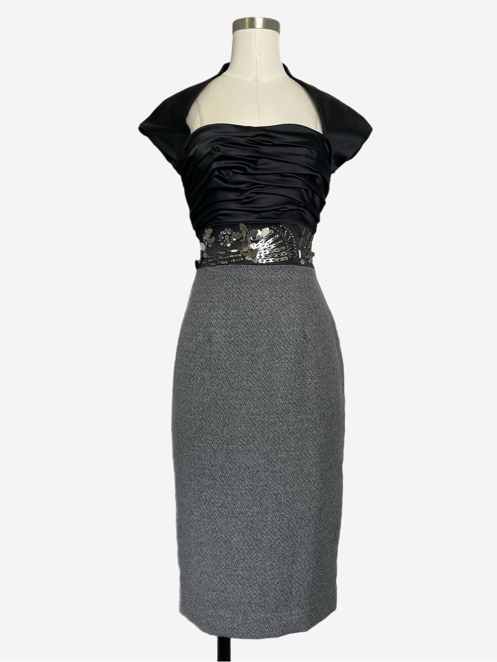 Vintage Y2K NWT Deadstock Mandalay Black satin ornate midi dress designer XS